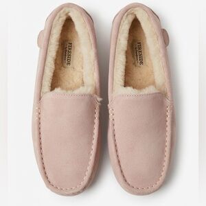 Fireside by Dearfoams Mel Genuine Shearling Moccasin Slippers Pink Suede Size 9